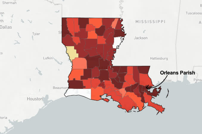 map of Louisiana pointing out Orleans Parish County