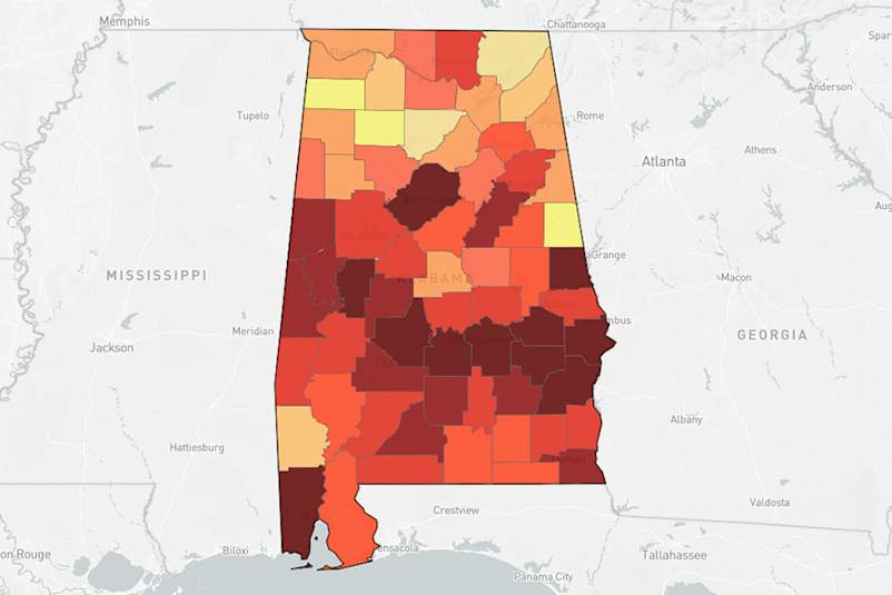 map of Alabama showing HIV data per county