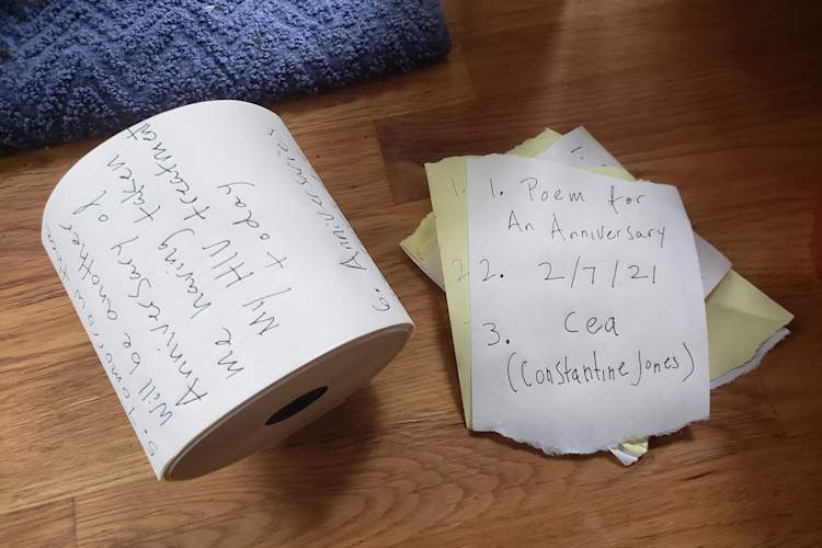 Part of Poem for an Anniversary, written on a scroll of sales receipt paper