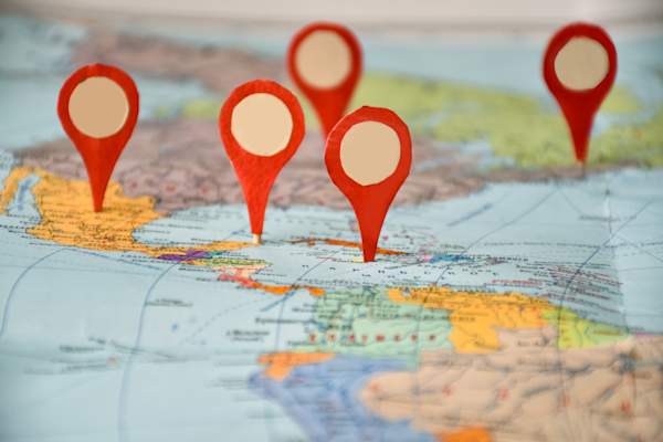 geo-location symbols on a map of North America