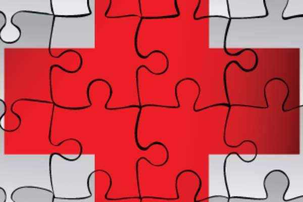 seamless puzzle piece pattern: red cross on white background