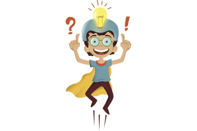 A geek/nerd kid wearing hero's clothes and having an insight