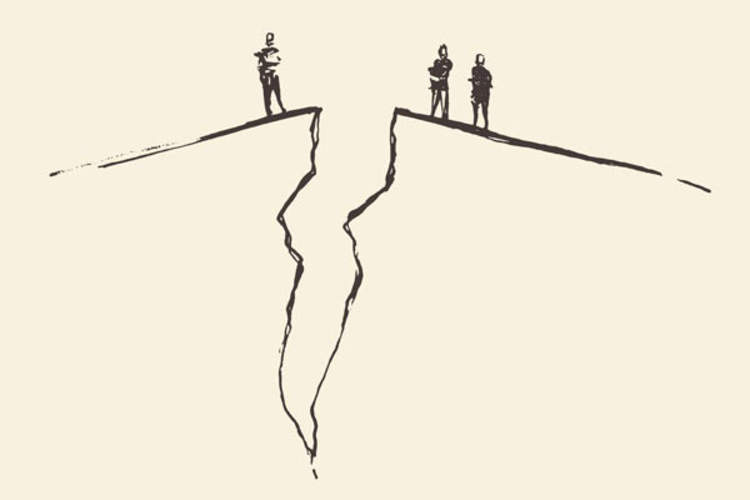 Figures looking down a chasm