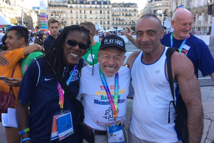 At Gay Games Village with Federation of Gay Games co-president Joanie Evans, honorary chair Brent Nicholson Earle, and Stephen Kovacev