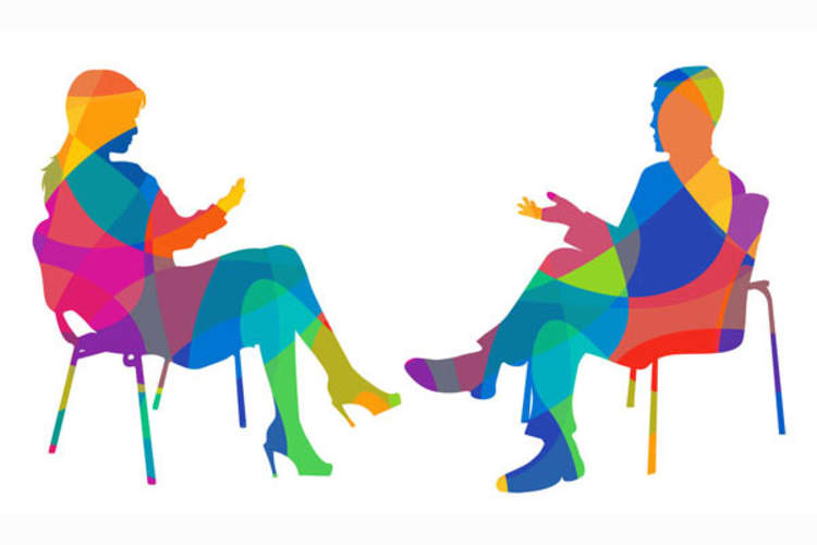 Rendering of two people chatting