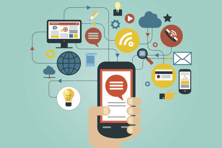 Hand holding smartphone surrounded by icons