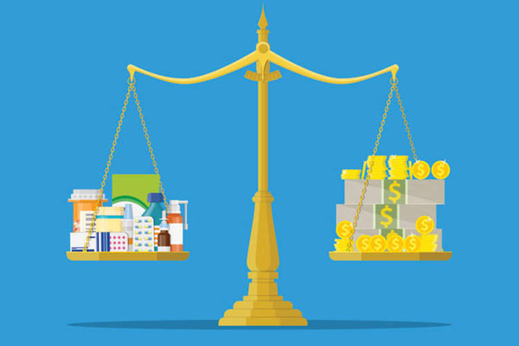 Scales with medicine bottle, pills, and money