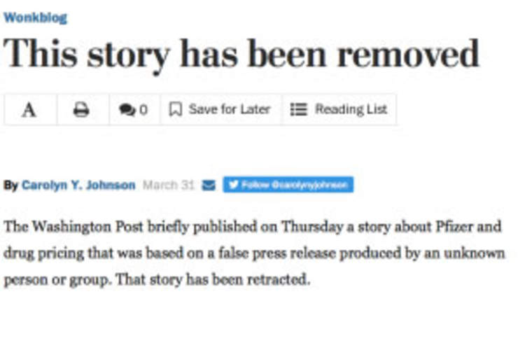 Activists Convince _Washington Post_ That Pfizer Lowers Prices: Global Action Highlights Fairer Alternatives -- 'This Story Has Been Removed!' Img