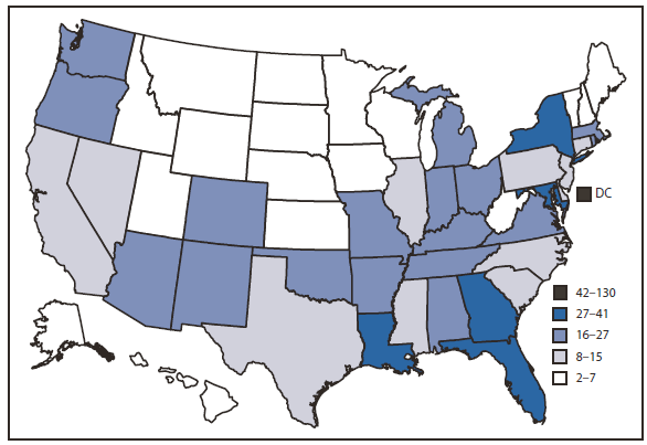 Figure 2. Rates* of AIDS Diagnoses Among Adults Aged 18-64 Years, by Area of Residence -- 50 States and the District of Columbia, 2008
