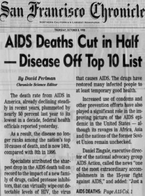 San Francisco Chronicle AIDS Deaths Cut in Half.