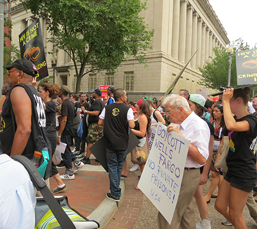 Jack Condon, a senior citizen who decries Wells Fargo's reported practices of investing in private prisons, joins his cause with the others. 'We're all trying to work together,' Condon said. 'We need each other.'