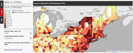 An AIDSVu map of New York state showing county-to-county HIV prevalence rates. (Credit: AIDSVu.org)