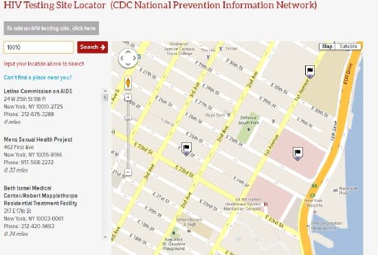 An AIDSVu map of HIV testing locations available in ZIP code 10010. (Credit: AIDSVu.org)