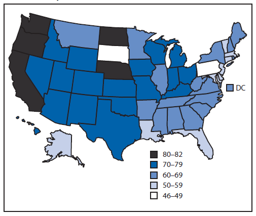 FIGURE 1. Estimated Percentage of Persons Diagnosed With HIV With Infection Attributed to Male-To-Male Contact or Male-To-Male Contact and Injection Drug Use, by Area of Residence -- National HIV Surveillance System, United States, 2011