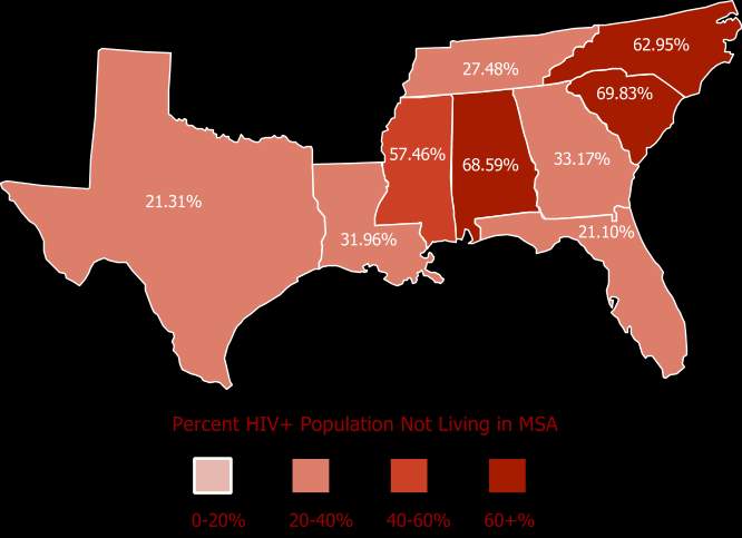 Percentage of HIV-positive individuals in the deep South states living outside an MSA eligible for CBO HIV prevention funding.