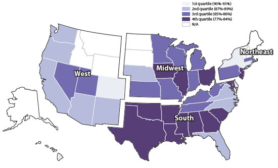 Percentage of People Living With HIV Who Are Aware of Their Status, by State, 2012