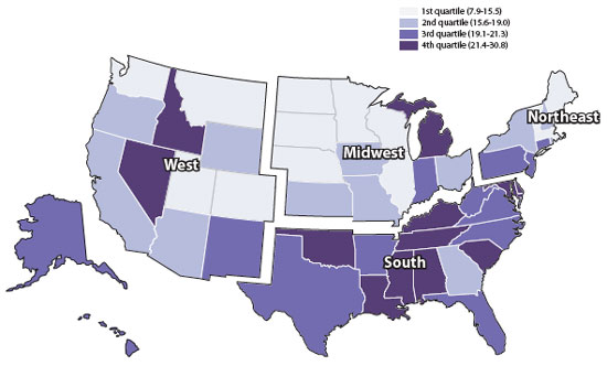 Death Rate Among People With Diagnosed HIV, Aged ≥ 13 Years, by State, 2012