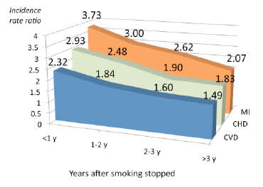 Rates of MI, CHD and CVD After Smoking Stops