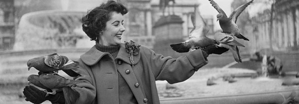 Elizabeth Taylor surrounded by pigeons in London's Trafalgar Square, 1948 (Credit: Hulton Archive/Courtesy of Getty Images)