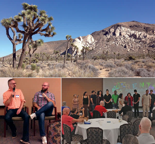 Top: Joshua Tree National Park. Above, left: Eric Jannke (left) and Desert Migration director Daniel Cardone (right). Above right: the cast of College of the Desert's production of <i>Rent</i> performs. (Credit: Jeff Berry)