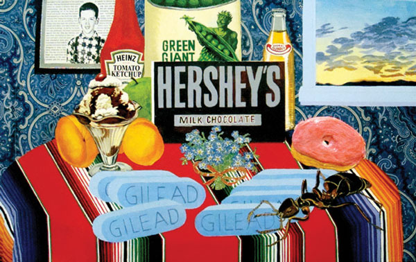 Still Life with Forget-Me-Nots and One Week's Dose of Truvada (2012); mixed media on canvas, 36 x 48 by Joey Terrill (Courtesy of the Alphawood Foundation)