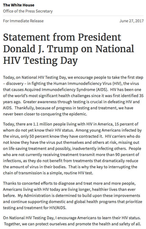 Statement from President Donald J. Trump on National HIV Testing Day