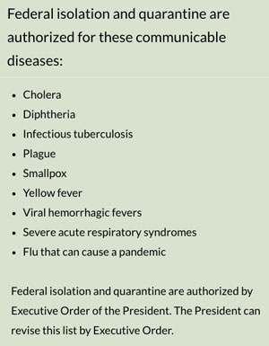 Federal isolation and quarantine are authorized for these communicable diseases