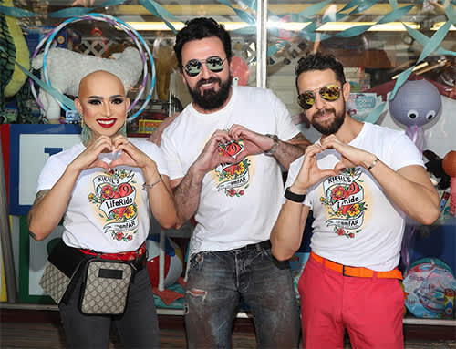 At Kiehl's 9th Annual LifeRide for amfAR (left to right): performer Ongina, Kiehl's Brand Ambassador Chris Salgardo, Viktor Luna
