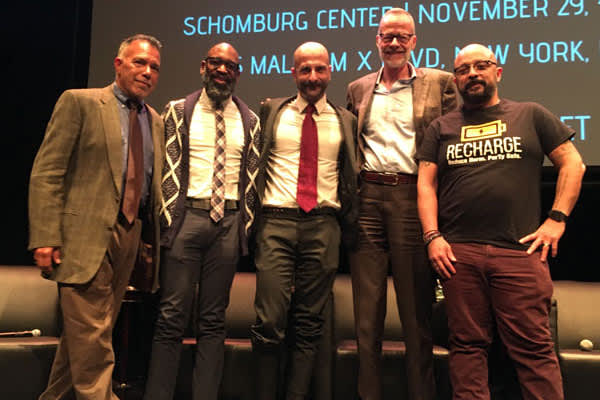 Gabriel Torres, Jagadisa-devrasi Dacus, Demetre Daskalakis, David Fawcett, and Boe Ramirez at the Schomburg Center for Research in Black Culture public forum