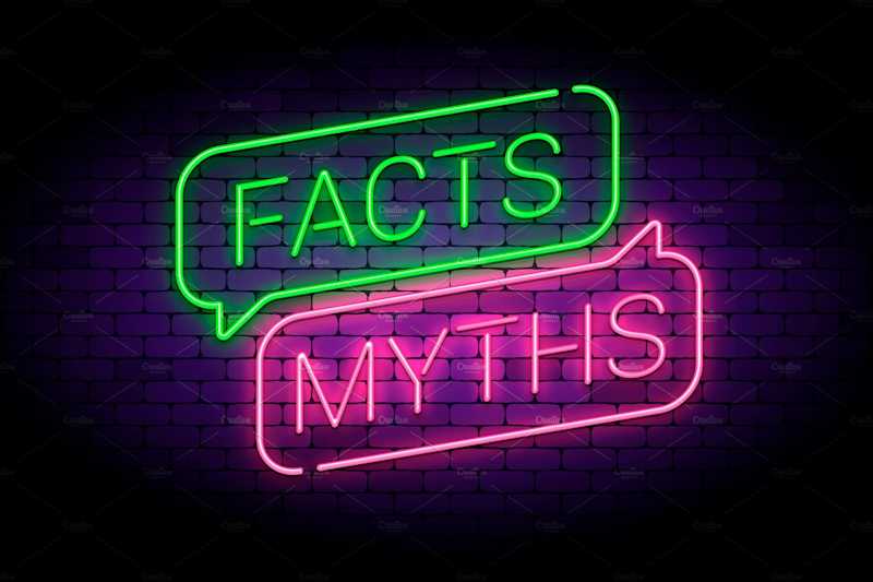 This is a photo of a neon sign in green and pink. The sign reads "facts" (in neon green) and "Myths" (In neon pink.