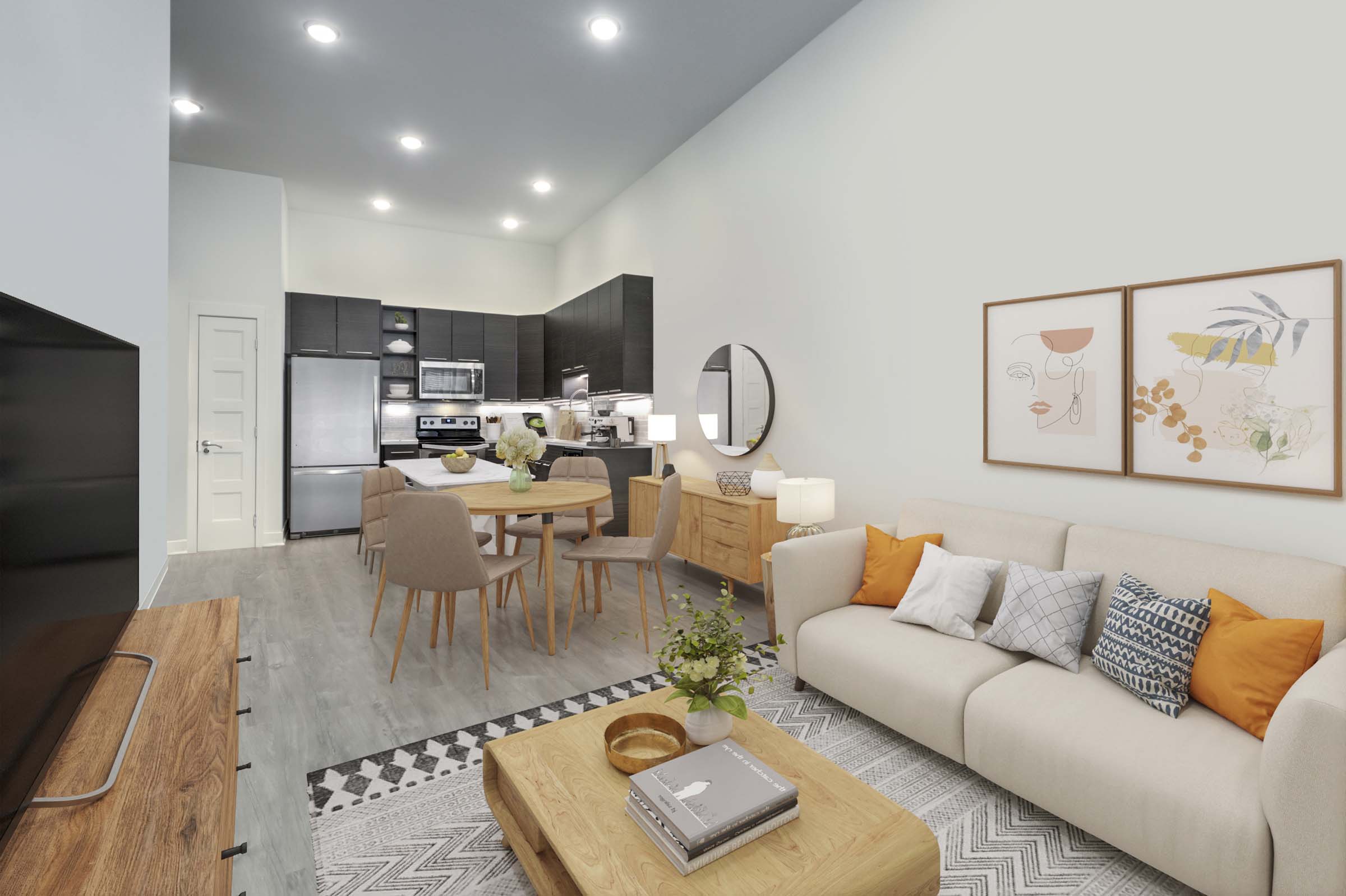 Living room, dining area, and kitchen with wood-look flooring throughout at Camden Shady Grove apartments in Rockville, MD