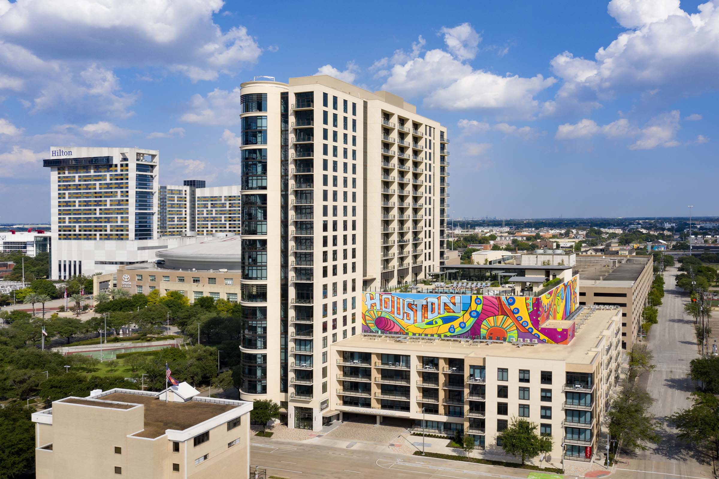 Exterior with mural and downtown