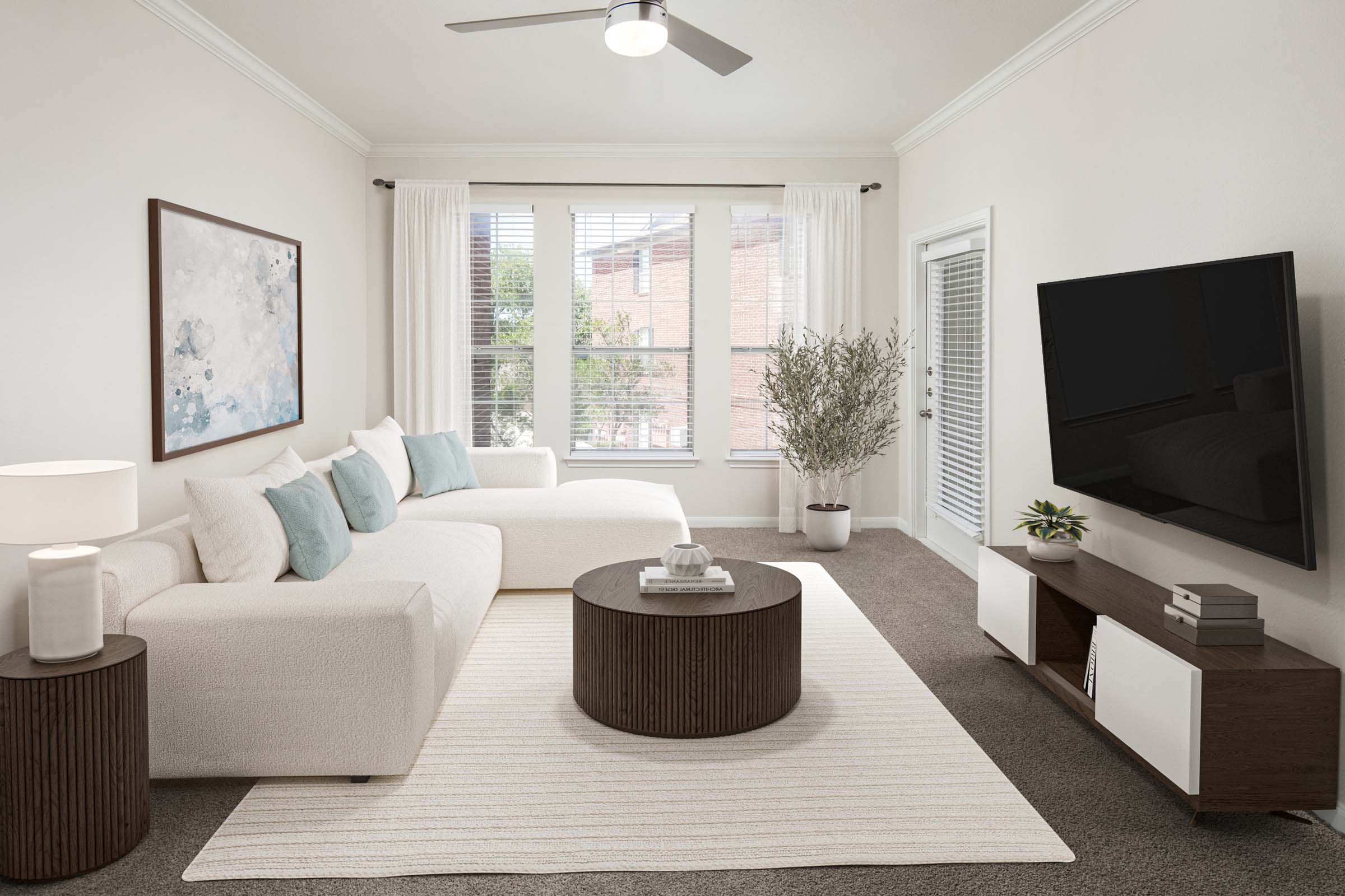 Living room with large windows and balcony access at Camden Centreport apartments in Fort Worth, TX
