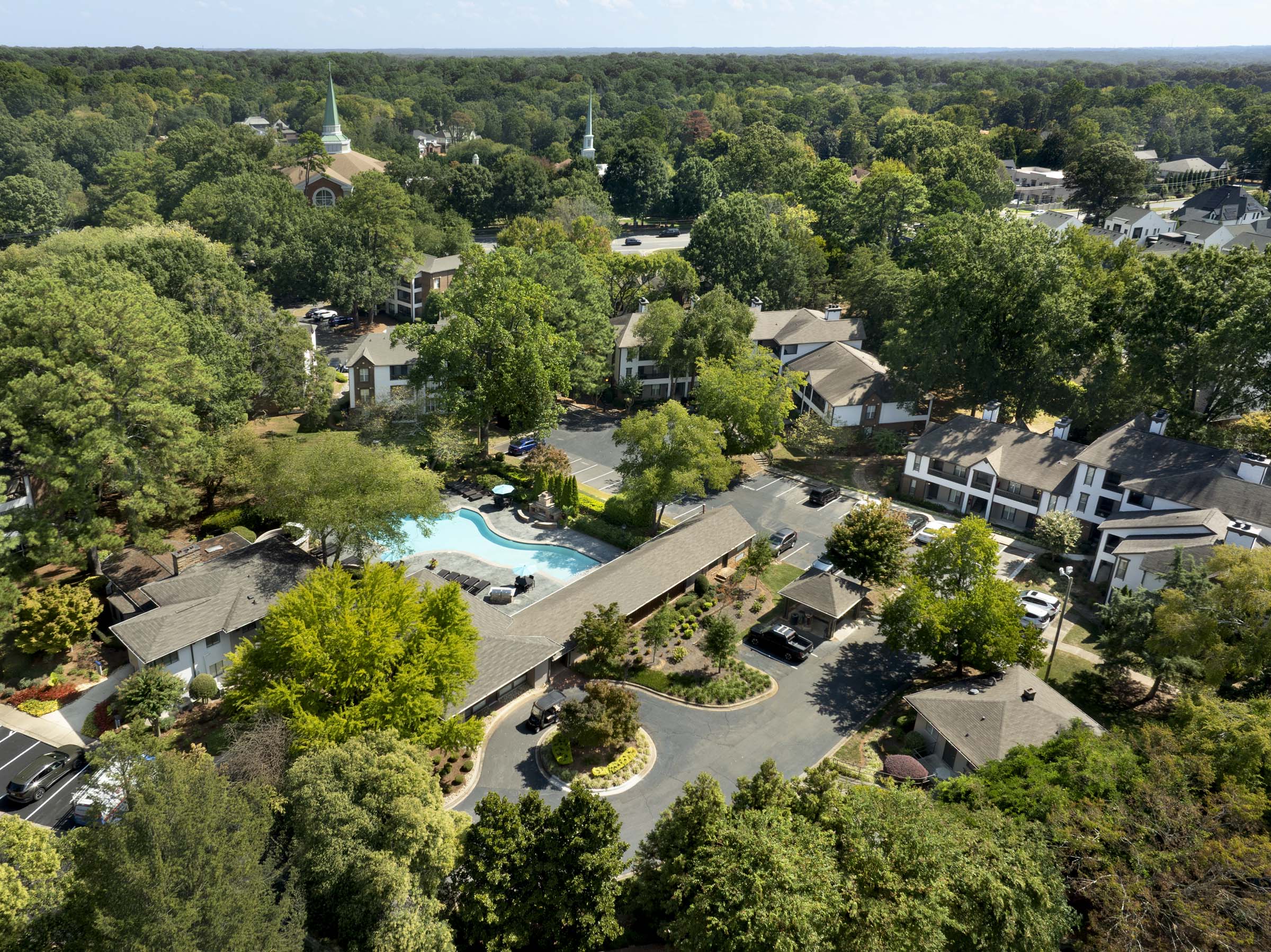 Aerial view of saltwater pool at Camden Fairview apartments in Charlotte, North Carolina