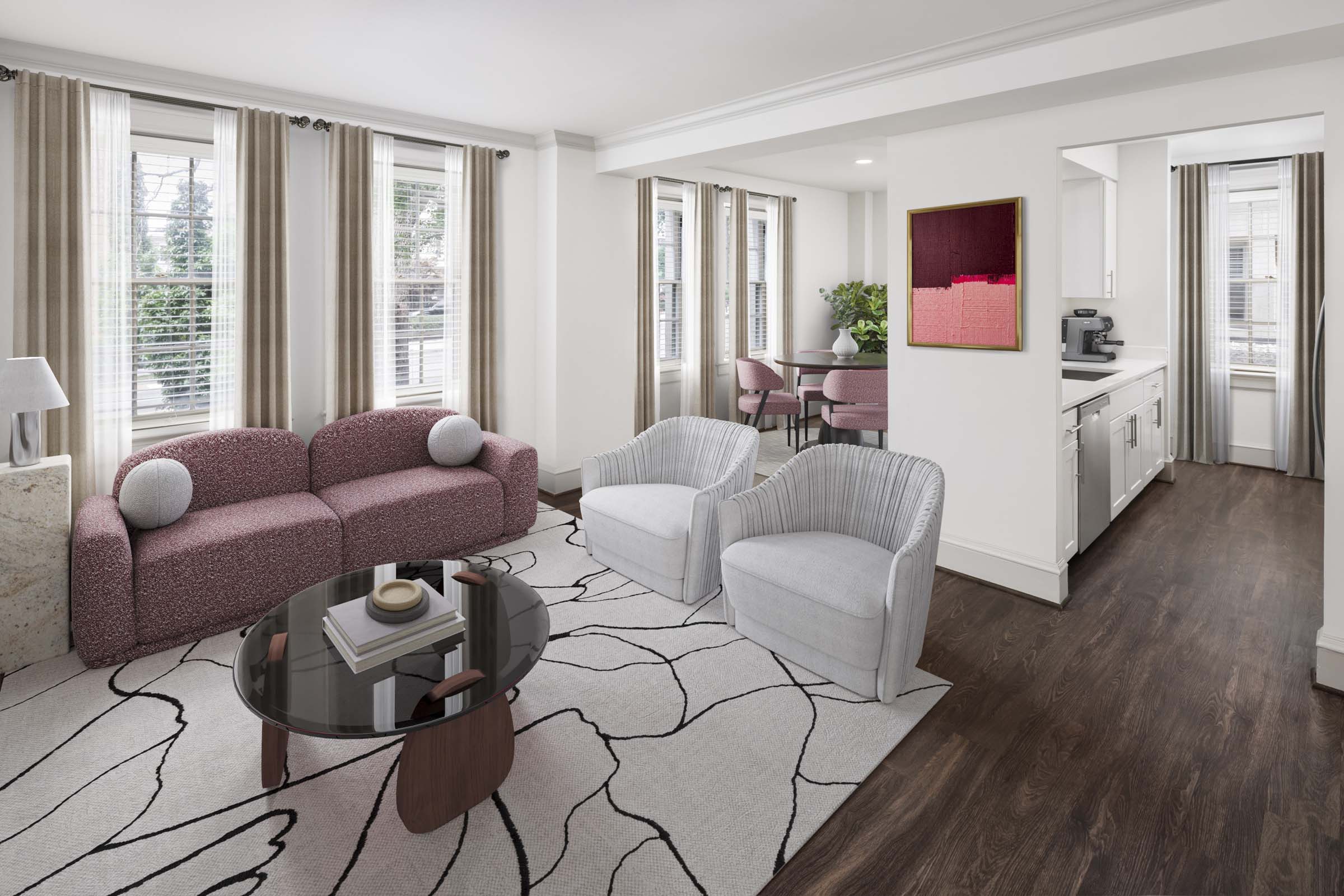 Open-concept living and dining with ample sunlight at Camden Roosevelt Apartments in Washington, DC.