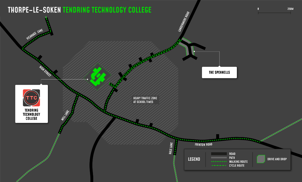 A map showing cycle and walking routes to and from Tendring Technology College Thorpe Campus