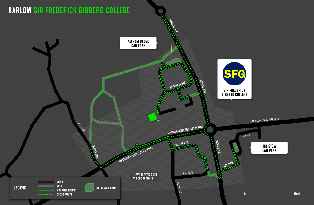 A map showing cycle and walking routes to and from Sir Frederick Gibberd College A map showing cycle and walking routes to and from Sir Frederick Gibberd College