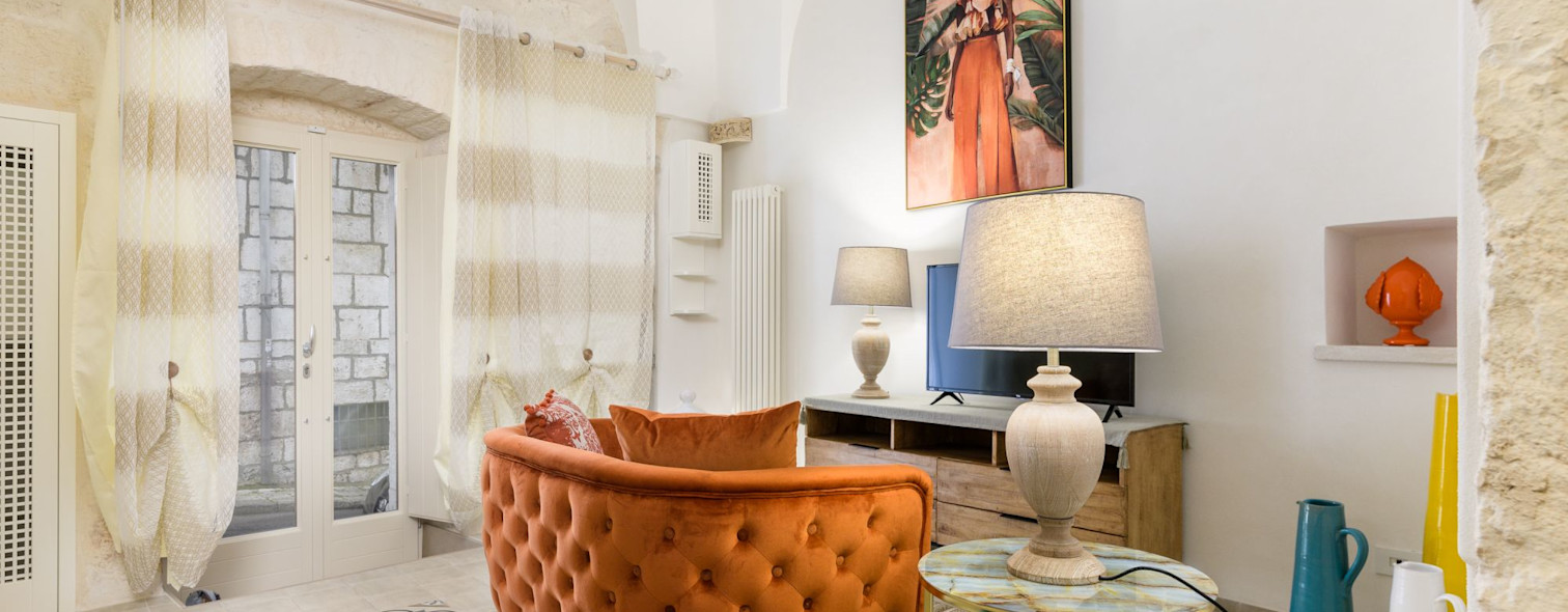 The living room of a design home in Ostuni, managed by Wonderful Italy