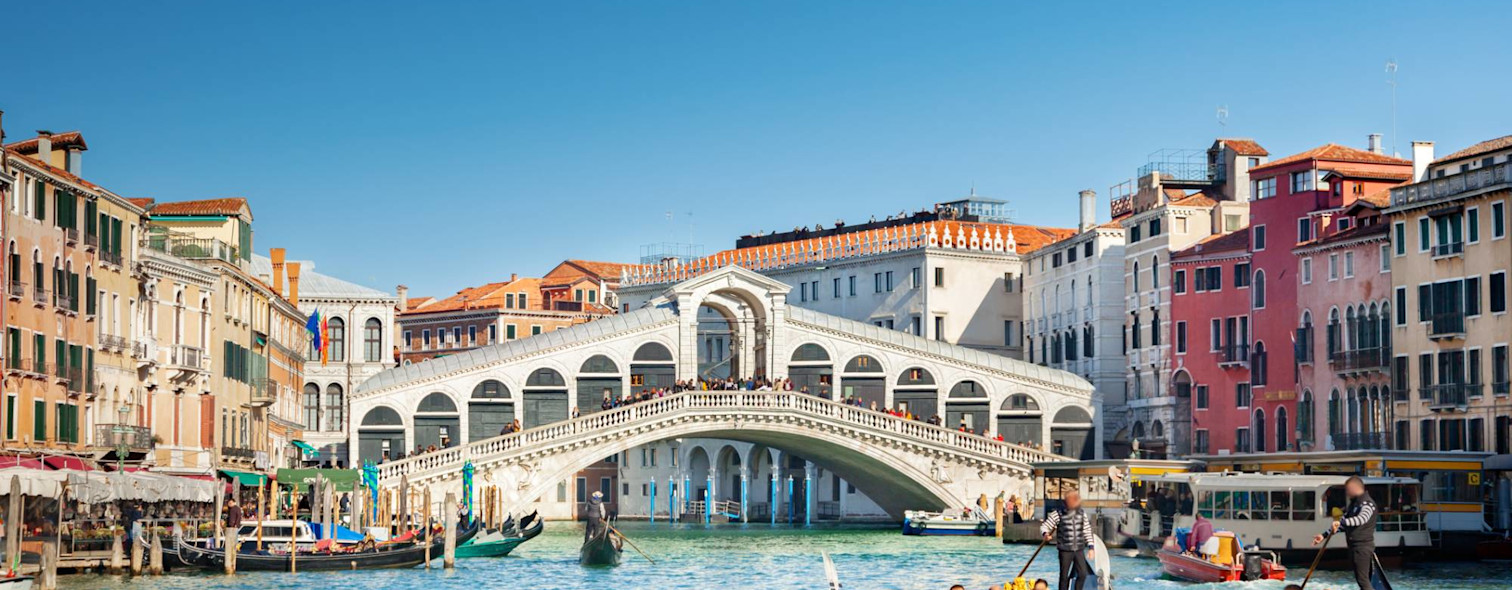 Vista del Ponte di Rialto con gondole in primo piano