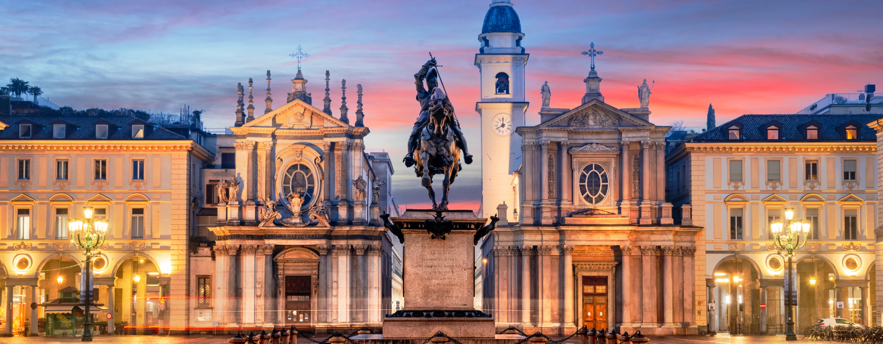 Close-up of the monument to Emanuele Filiberto of Savoy in Turin's Piazza San Carlo, seen at dusk