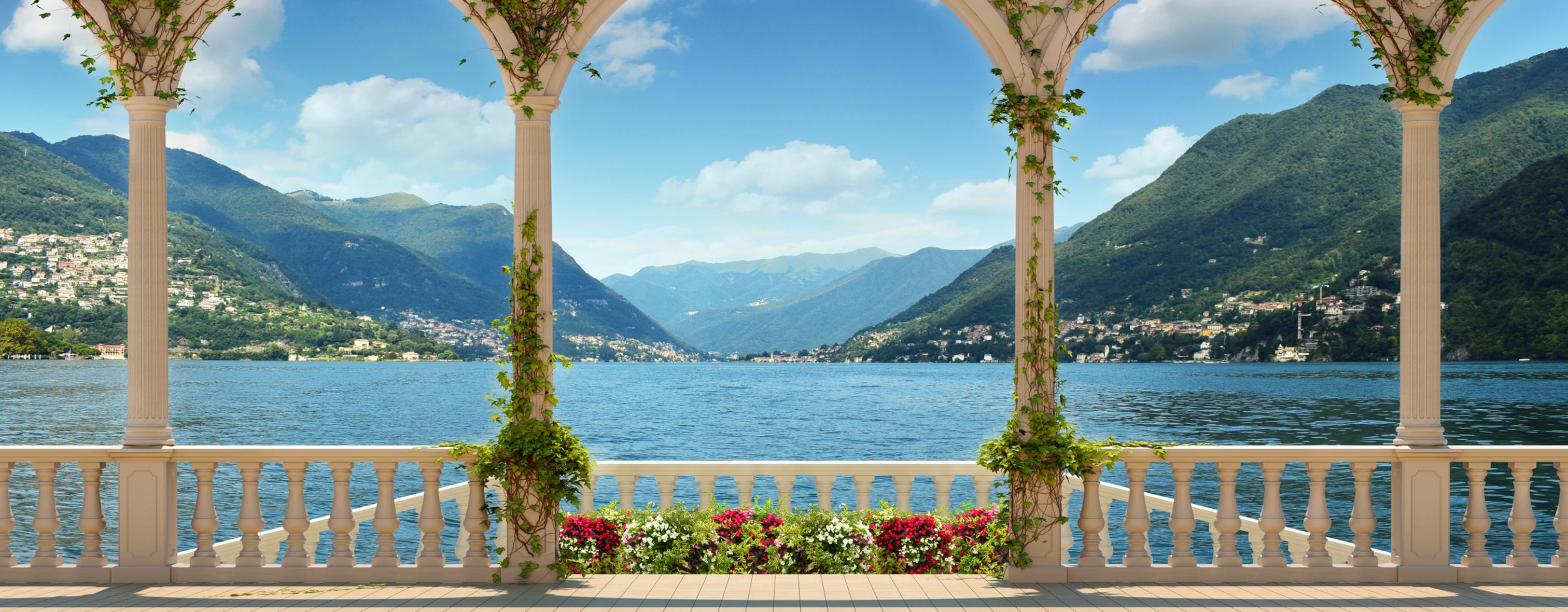The lakefront view of a historic villa on Lake Como.