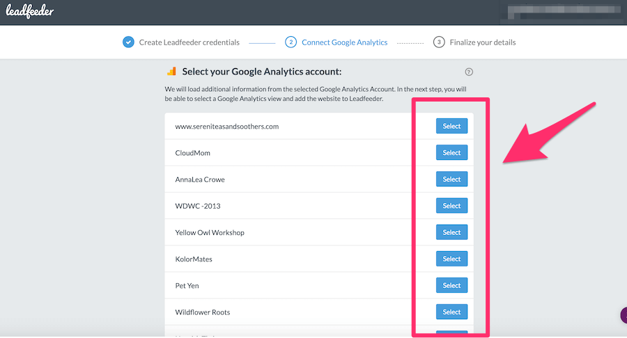 select google analytics account