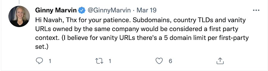 Tweet from Ginny Marvin about cookieless marketing and domain limits
