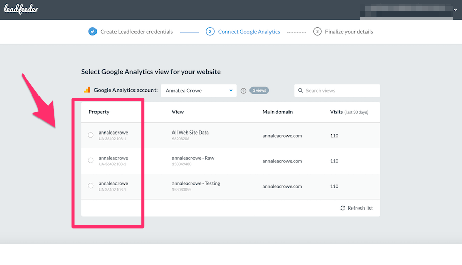select google analytics view