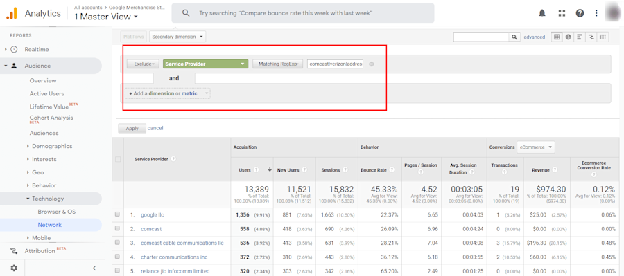 google analytics exclude service provider