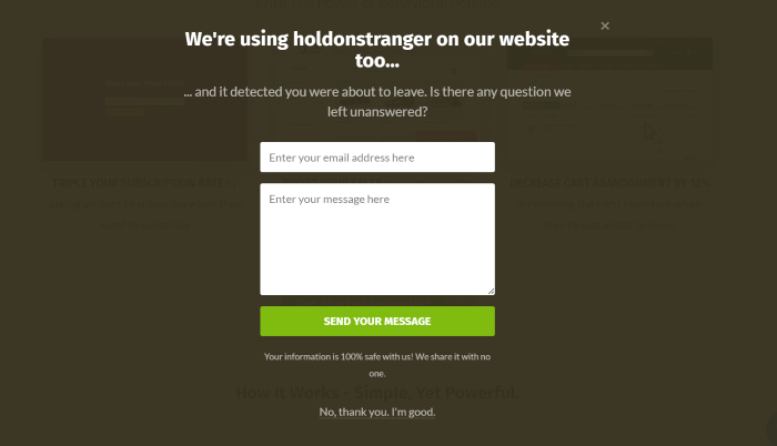 Exit intent pop up example by holdonstranger