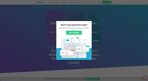 Leadfeeder exit-intent pop up example