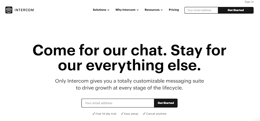 landing page example from intercom