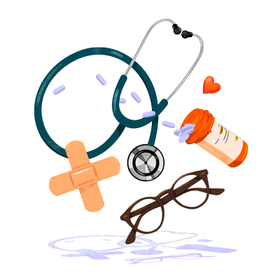 Band aid, stethoscope, medication and glasses