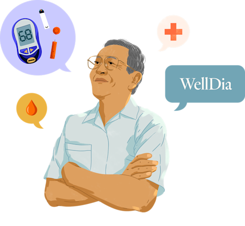 Man with arms crossed with speech bubbles around him with various diabetes items